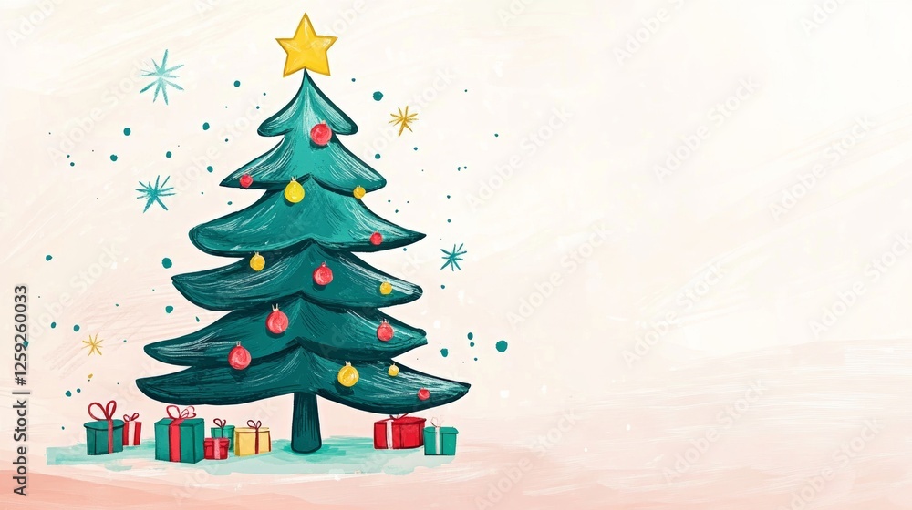 Christmas tree drawing in a children's art style. A whimsical scene. Highlighting creativity and festive spirit. Ideal for holiday cards and kids' crafts. Christmas tree drawing in a children's art style. A whimsical scene. Highlighting creativity and festive spirit. Ideal for holiday cards and kids' crafts.