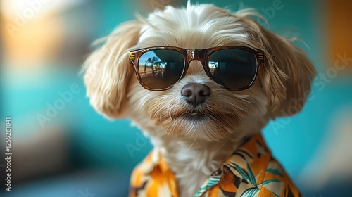 Wallpaper Mural A small dog wearing sunglasses and a Hawaiian shirt, with a blue background Torontodigital.ca