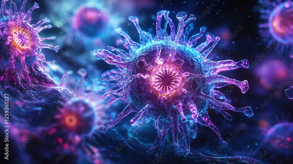 Obraz premium Alien microorganism, deep space background, glowing and intricate