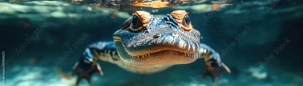Alligator swimming in clear water, topdown view, natural habitat, vibrant colors Alligator swimming in clear water, topdown view, natural habitat, vibrant colors