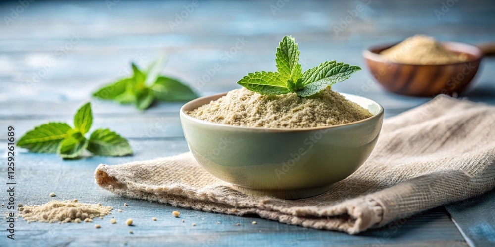Aromatic Powder in a Bowl with Fresh Mint Leaves on Rustic Burlap Aromatic Powder in a Bowl with Fresh Mint Leaves on Rustic Burlap