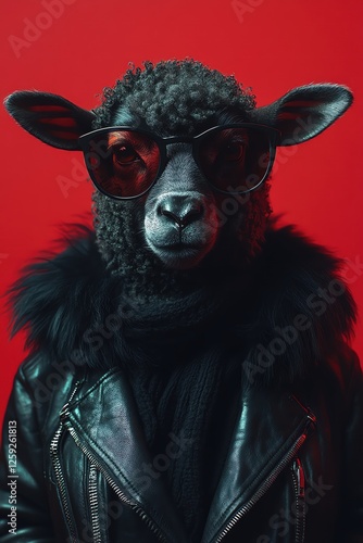 Black sheep in leather jacket and sunglasses, red background, bold and edgy photo