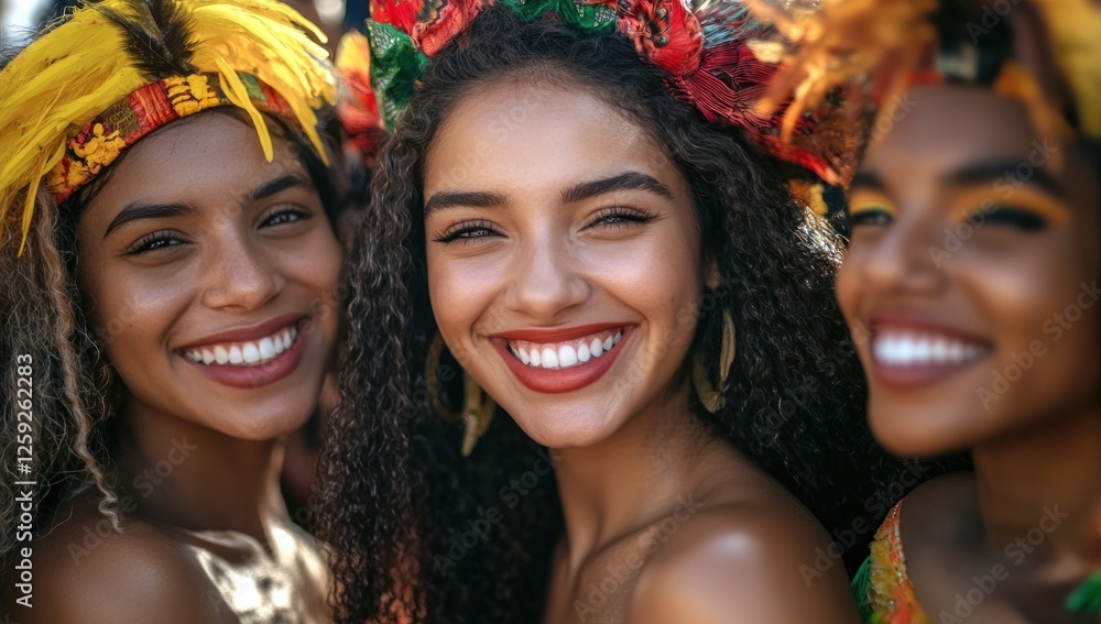 Joyful Carnival Celebration: Three radiant women adorned in vibrant headdresses, showcasing infectious smiles and the spirit of festive joy. Joyful Carnival Celebration: Three radiant women adorned in vibrant headdresses, showcasing infectious smiles and the spirit of festive joy.