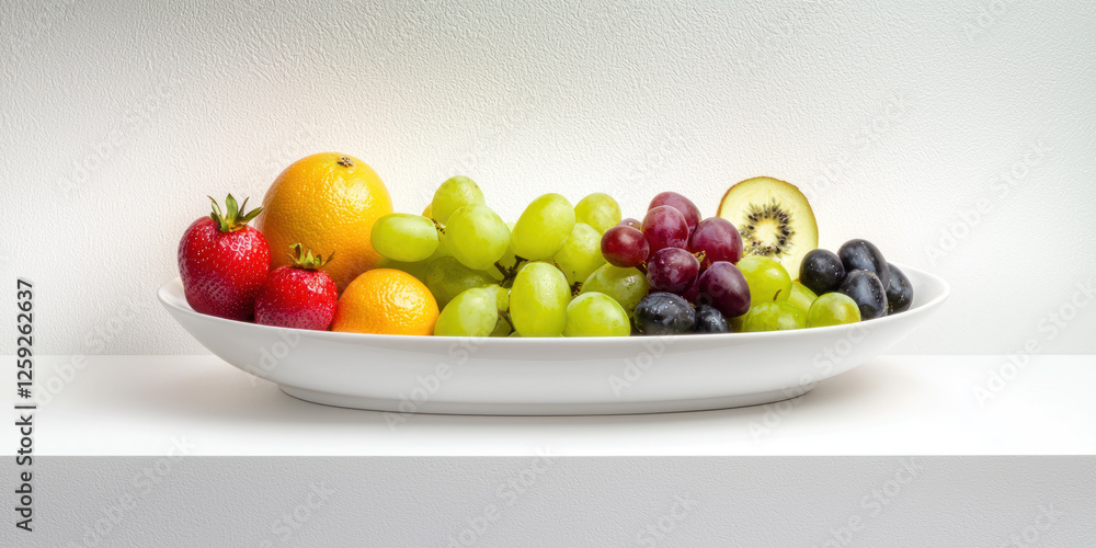Fresh fruit platter with strawberries, grapes, oranges, and kiwi Fresh fruit platter with strawberries, grapes, oranges, and kiwi