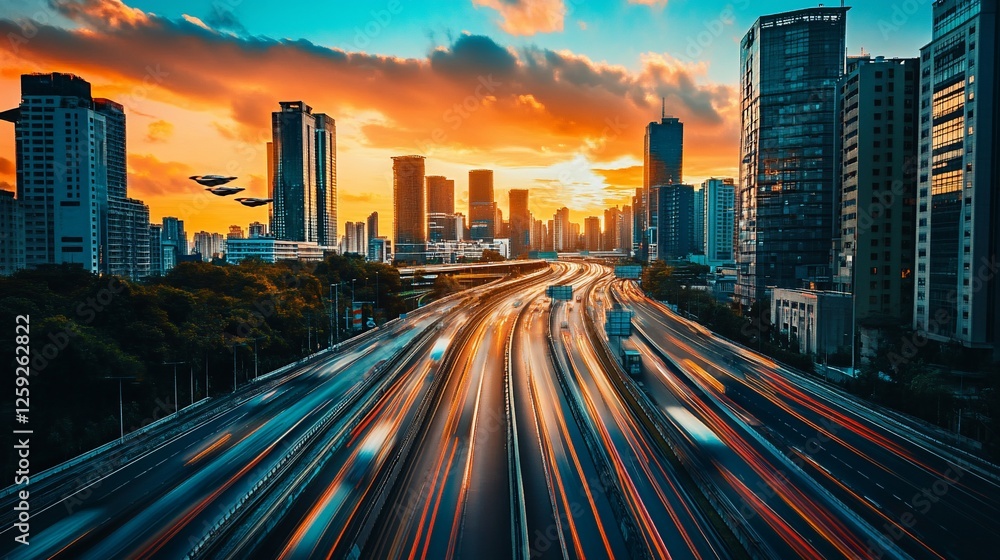 Obraz premium Futuristic cityscape with highway traffic trails against a vibrant sunset