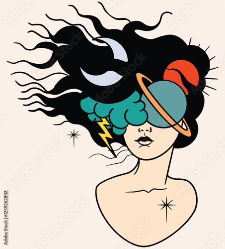 Beautiful shaman woman, Magic night fairy with a crescent moon And some planets, Hand drawn portrait of a beautiful shamanic woman. Alchemy, religion, spirituality, occultism, tattoo art