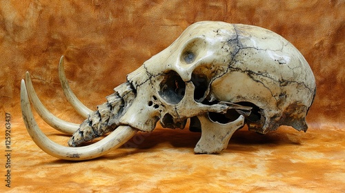Detailed view of a large animal skull with tusks against a textured orange backdrop, showcasing natural features