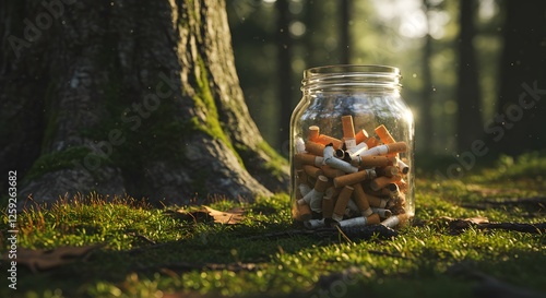 Collecting Cigarette Butts in Jar Near Tree Demonstrates Environmental Pollution