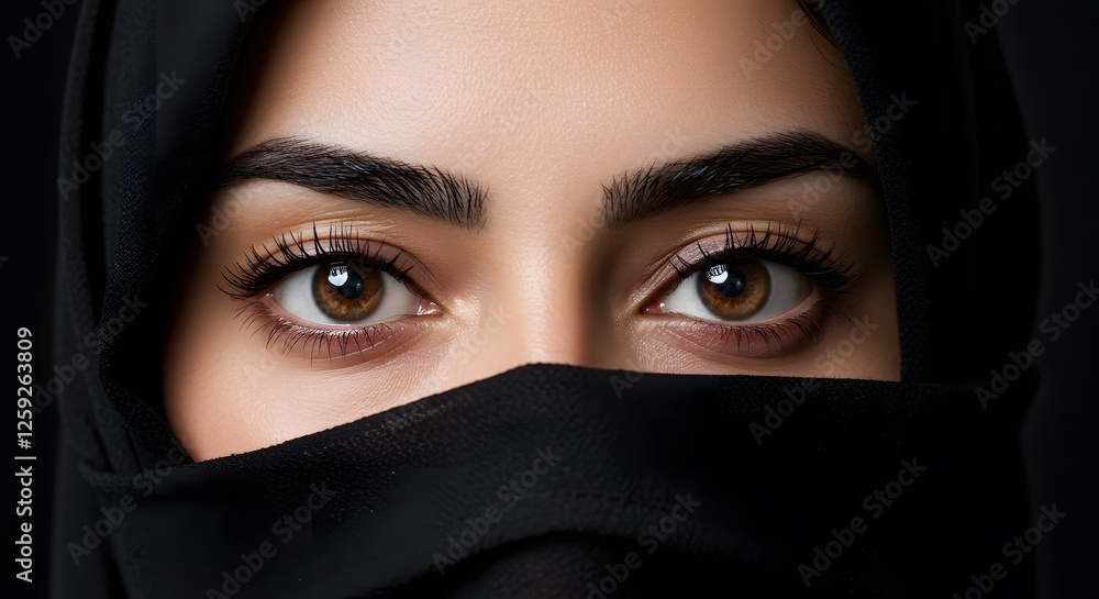 Close-up of Woman's Eyes in Traditional Black Hijab Veil Close-up of Woman's Eyes in Traditional Black Hijab Veil