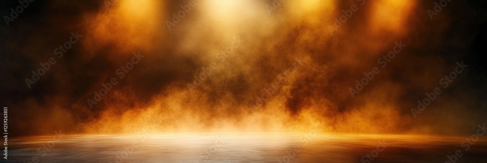Naklejka premium A dramatic background featuring a warm, smoky atmosphere illuminated by soft spotlights, creating an ideal setting for product display or theatrical presentations.