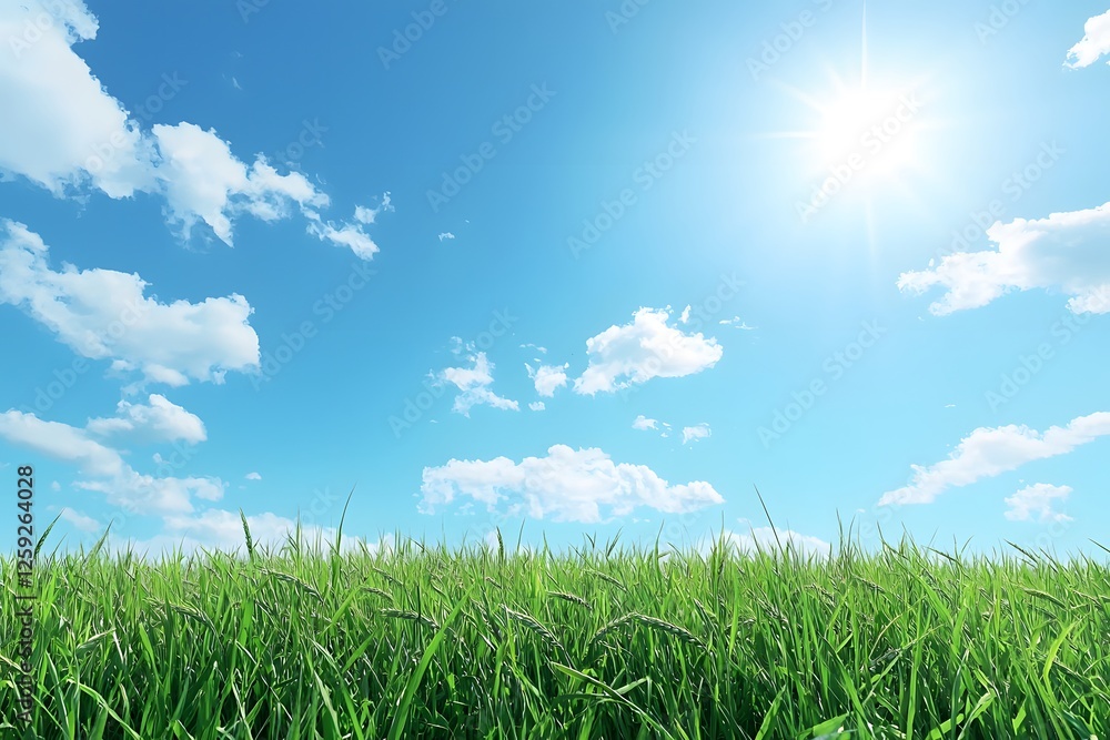 Sunshine Over Green Meadow: A breathtaking vista of a vibrant green meadow stretching towards a dazzling blue sky, where fluffy clouds drift across the azure expanse. Sunshine Over Green Meadow: A breathtaking vista of a vibrant green meadow stretching towards a dazzling blue sky, where fluffy clouds drift across the azure expanse.