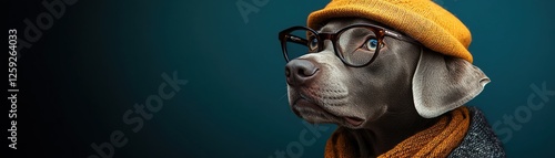 Dog in suit and hat, blue background, profile view, stylish and cool photo