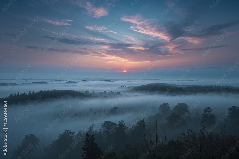 Obraz premium Ethereal Dusk Panorama with Muted Fog and Resplendent Sky