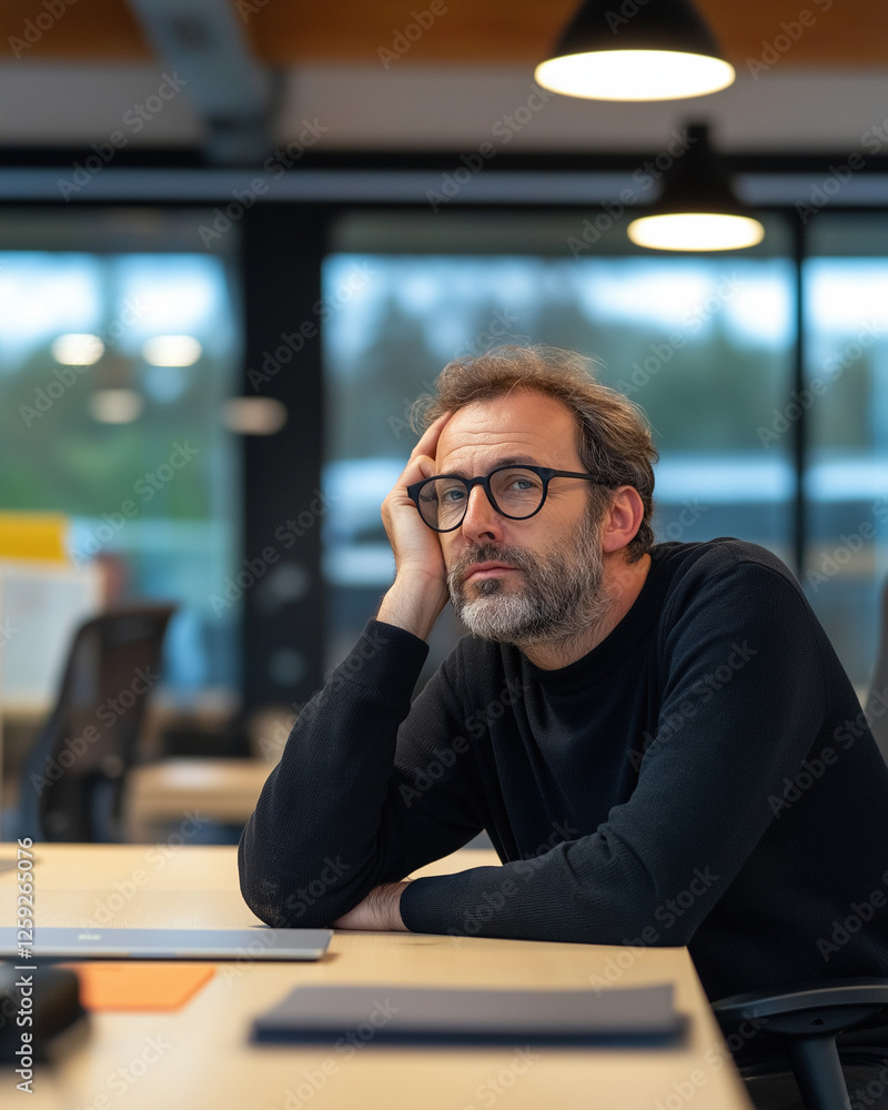 Tired businessman with glasses resting head on hand against blurred modern office backdrop Tired businessman with glasses resting head on hand against blurred modern office backdrop