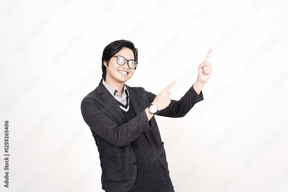 Smile Happy Face Presenting and pointing up with forefinger on copyspace for advertising Of Handsome Asian Man Isolated On White Background Smile Happy Face Presenting and pointing up with forefinger on copyspace for advertising Of Handsome Asian Man Isolated On White Background
