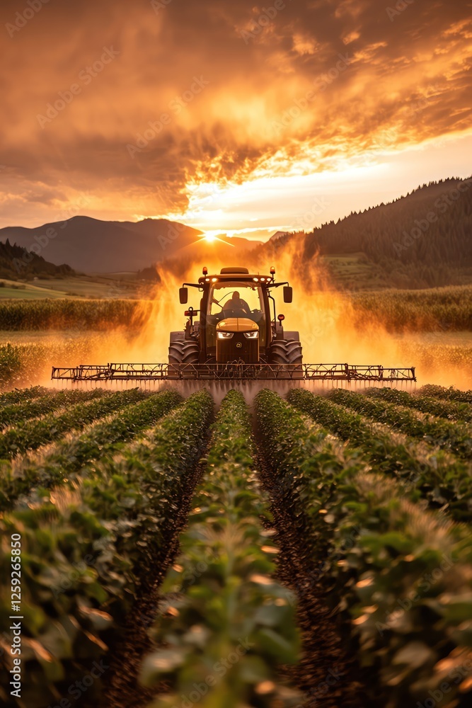 Naklejka premium Tractor spraying crops at sunset, low angle, golden light