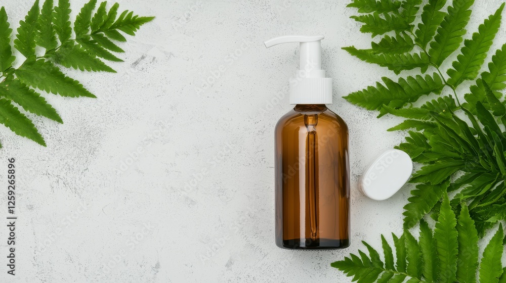 Fototapeta premium Natural skincare product home setting bottle image greenery background top view eco-friendly concept