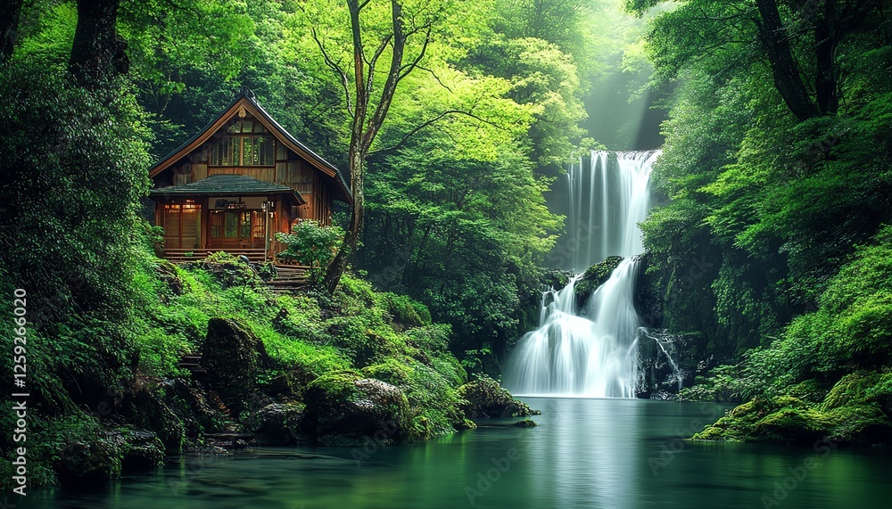 A serene forest with a traditional Japanese building, waterfalls flowing through lush green trees, symbolizing the calming practice of shinrin yoku A serene forest with a traditional Japanese building, waterfalls flowing through lush green trees, symbolizing the calming practice of shinrin yoku