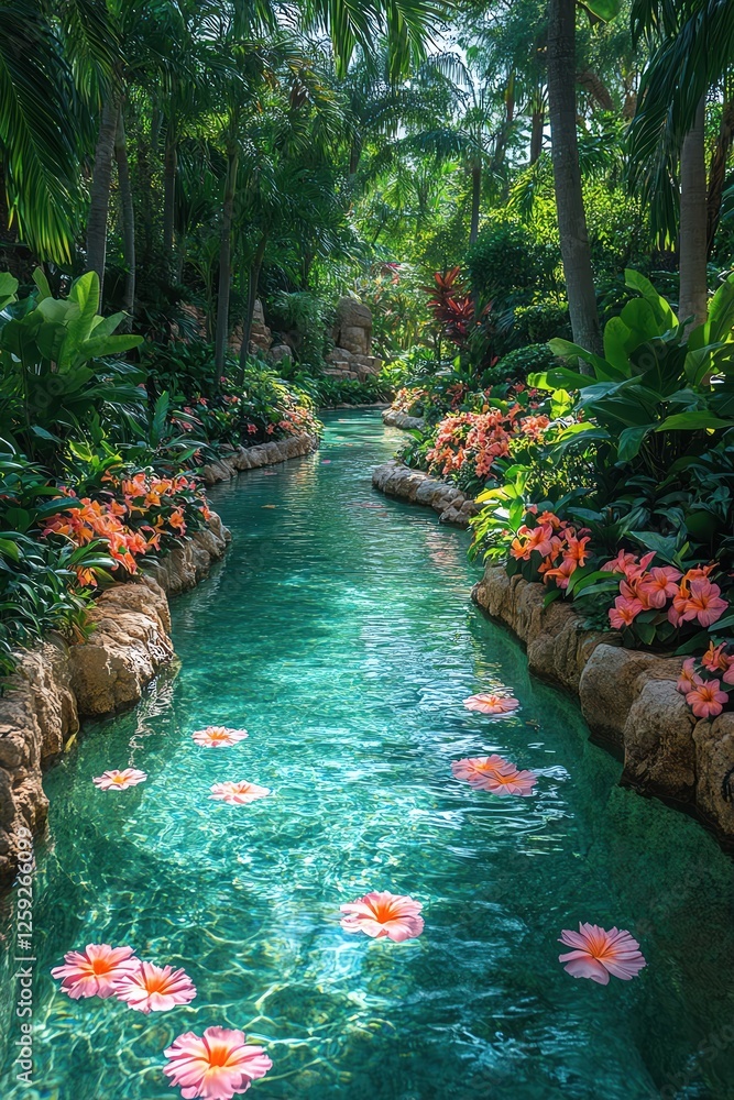 custom made wallpaper toronto digitalVibrant tropical garden with colorful flowers, clear blue water, and lush greenery, tranquil and lush