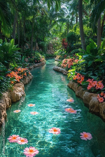 Wallpaper Mural Vibrant tropical garden with colorful flowers, clear blue water, and lush greenery, tranquil and lush Torontodigital.ca