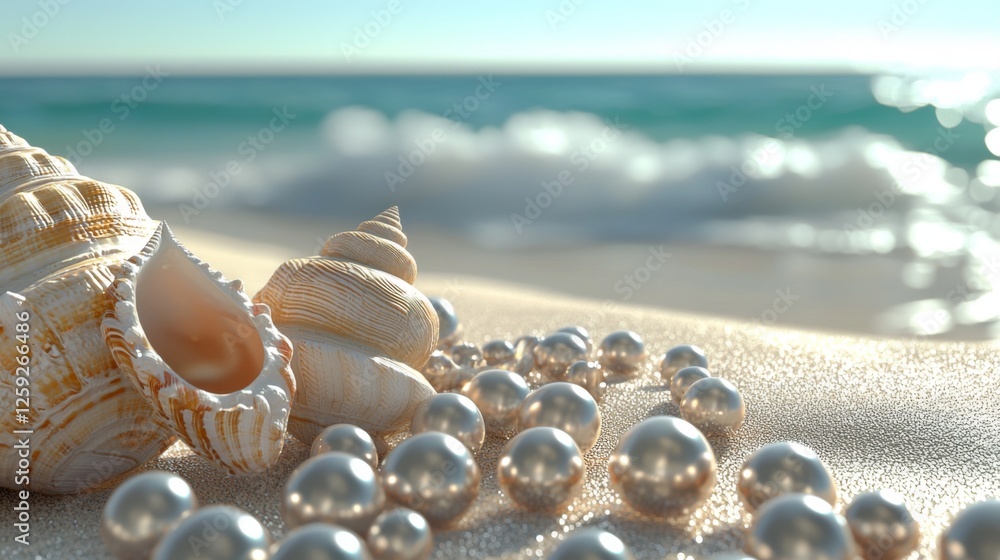 Coastal Serenity with Seashells and Pearls on Warm Sandy Beach with Gentle Ocean Waves in Background Coastal Serenity with Seashells and Pearls on Warm Sandy Beach with Gentle Ocean Waves in Background