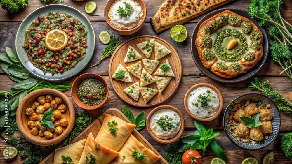 Aromatic Middle Eastern Feast Savory Dishes, Fresh Herbs, and Creamy Dips Arranged on Rustic Wooden Table Aromatic Middle Eastern Feast Savory Dishes, Fresh Herbs, and Creamy Dips Arranged on Rustic Wooden Table