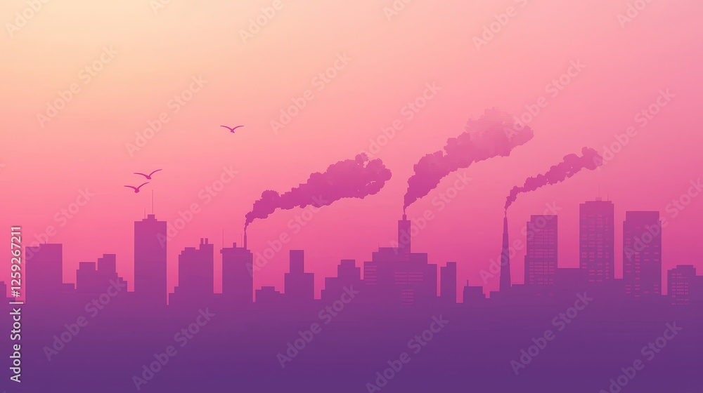Naklejka premium Pollution impact on urban landscape city skyline digital art dusk environment aerial view environmental awareness