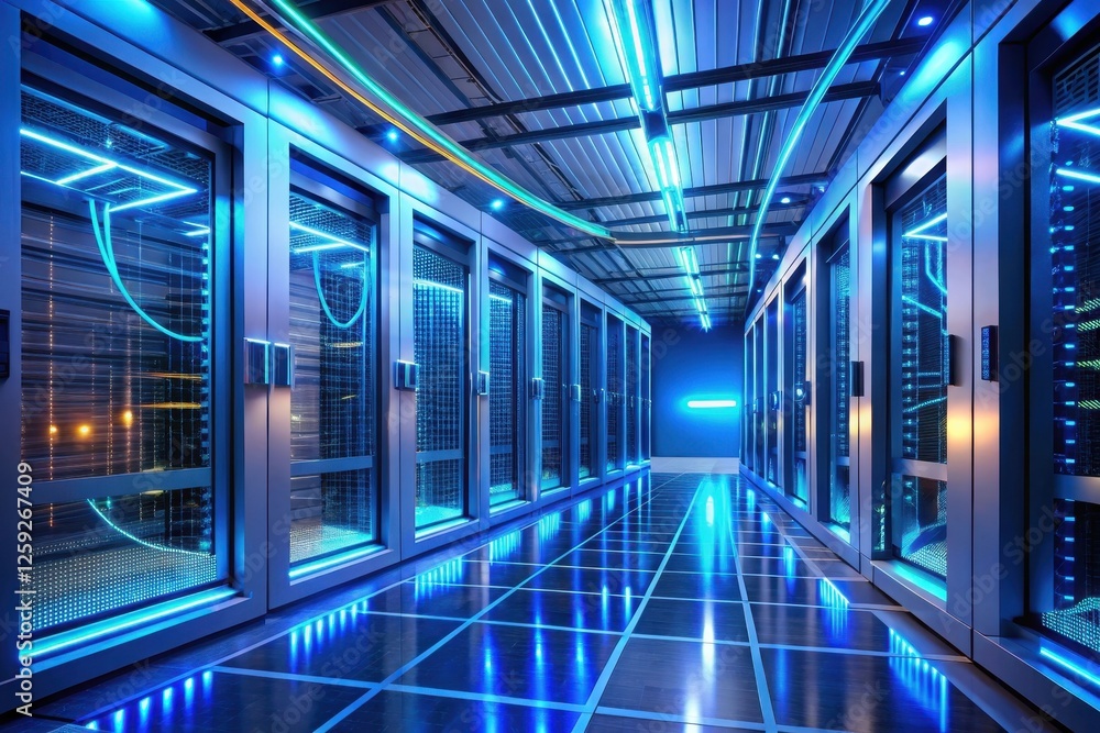 Fototapeta premium Illuminated Data Center Corridor A Futuristic View of Server Racks and Network Infrastructure