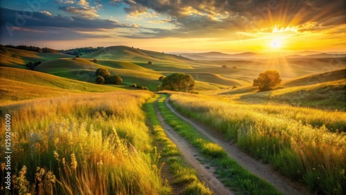 Golden Hour Countryside Path Serene Sunset Over Rolling Hills and Lush Meadows