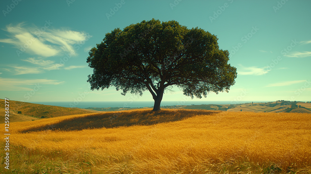Large, leafy tree stands in a field of ripe, golden wheat, overlooking a coastal hillside. Large, leafy tree stands in a field of ripe, golden wheat, overlooking a coastal hillside.