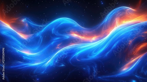 Vibrant Cosmic Waves of Blue and Orange Flowing Through a Starry Universe Background