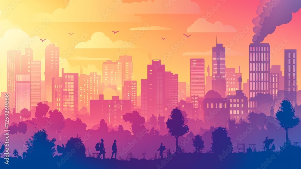 Fototapeta premium Urban sunset scene city skyline digital art vibrant environment panoramic view peaceful concept for reflection