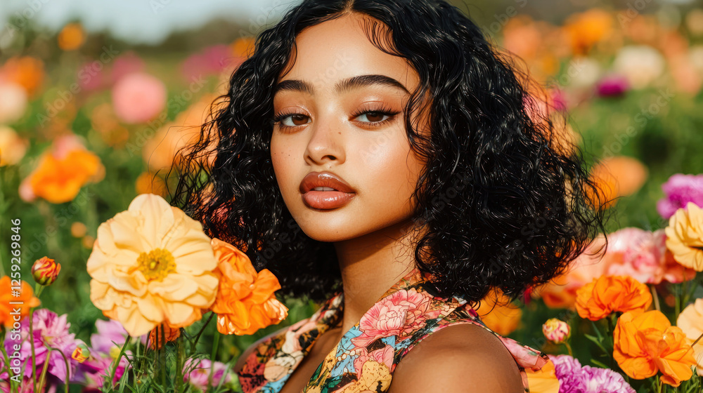 Naklejka premium Youthful woman with curly hair in vibrant flower field, showcasing beauty and nature colors