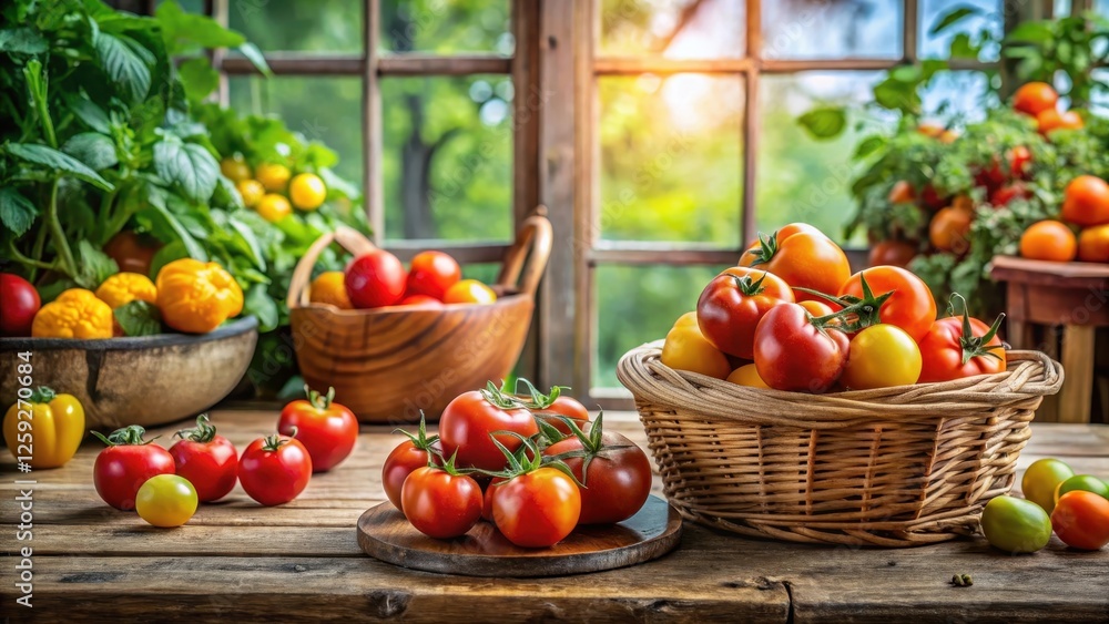 A sunlit harvest scene featuring various sizes and colors of ripe tomatoes in rustic wooden bowls and a wicker basket, displayed on a weathered wooden surface near a window A sunlit harvest scene featuring various sizes and colors of ripe tomatoes in rustic wooden bowls and a wicker basket, displayed on a weathered wooden surface near a window