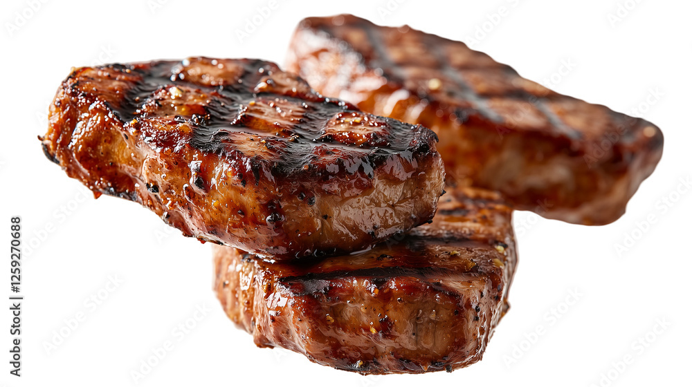 Juicy grilled pork chops floating in the air, a mouthwatering concept for food photography, isolated on transparent background png Juicy grilled pork chops floating in the air, a mouthwatering concept for food photography, isolated on transparent background png