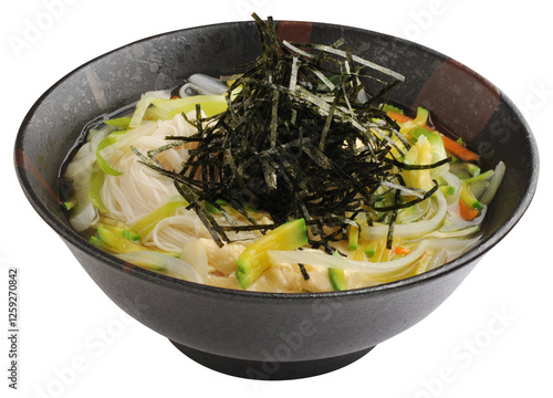 Korean Janchi Guksu Noodle Soup with Seaweed Garnish photo