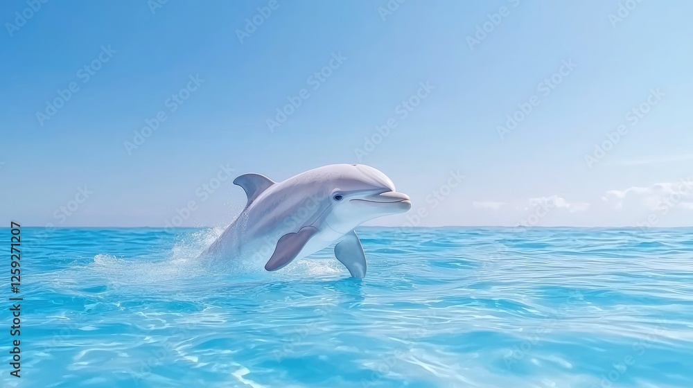 Fototapeta premium Dolphin leaping ocean; sunny day; clear sky; travel brochure