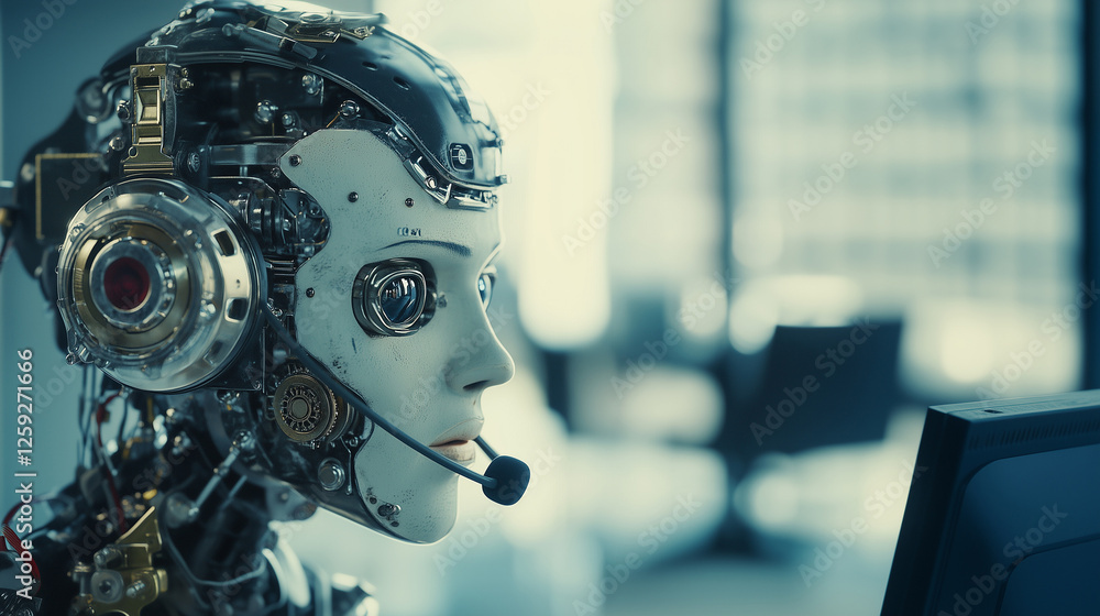 robot call center agent wearing a heat set and microphone taking a call with electrical plug on back of head robot call center agent wearing a heat set and microphone taking a call with electrical plug on back of head