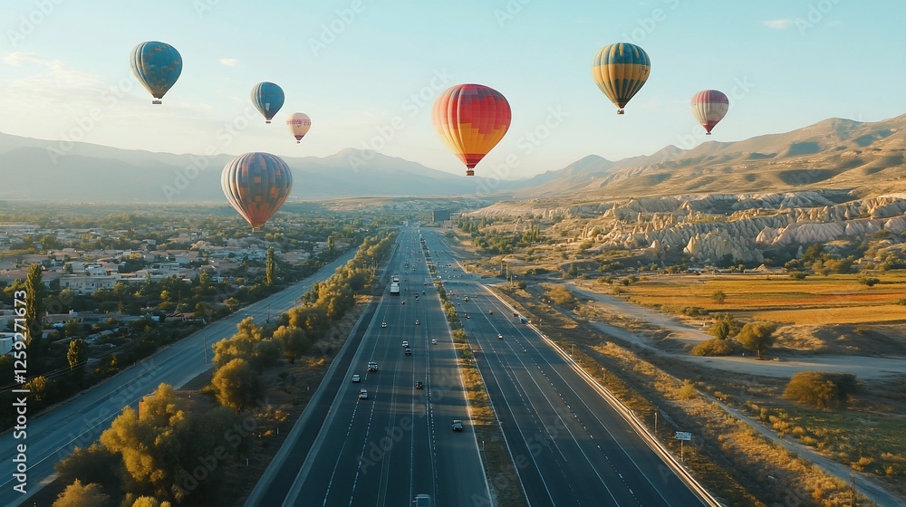 Fototapeta premium Hot air balloons soaring above a highway, creating a mesmerizing landscape and atmosphere