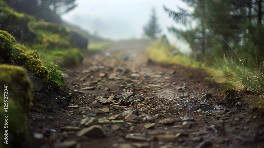 Fototapeta premium Misty Forest Path with Moss and Rocks