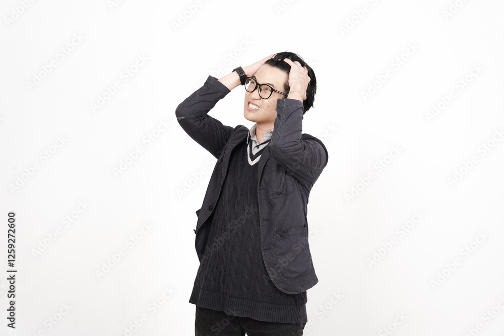 Hand on Head Thoughtful and Suffering Headache Of Handsome Asian Man Isolated On White Background Hand on Head Thoughtful and Suffering Headache Of Handsome Asian Man Isolated On White Background