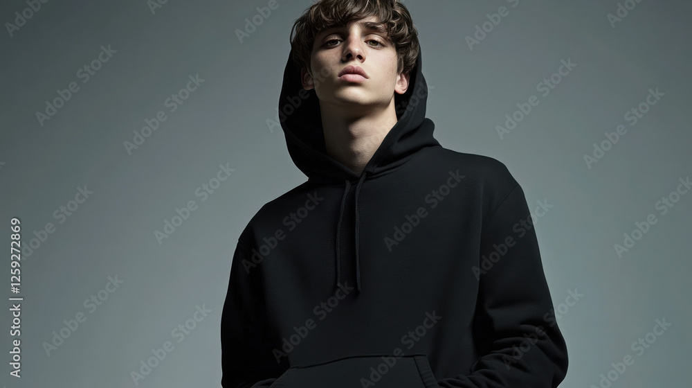 Obraz premium A stylish young man in a black hoodie, captured from a low angle, exuding confidence