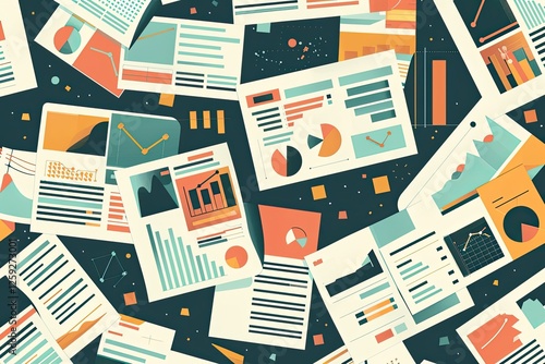 Scattered Business Documents Showcasing Data Analysis Charts Graphs