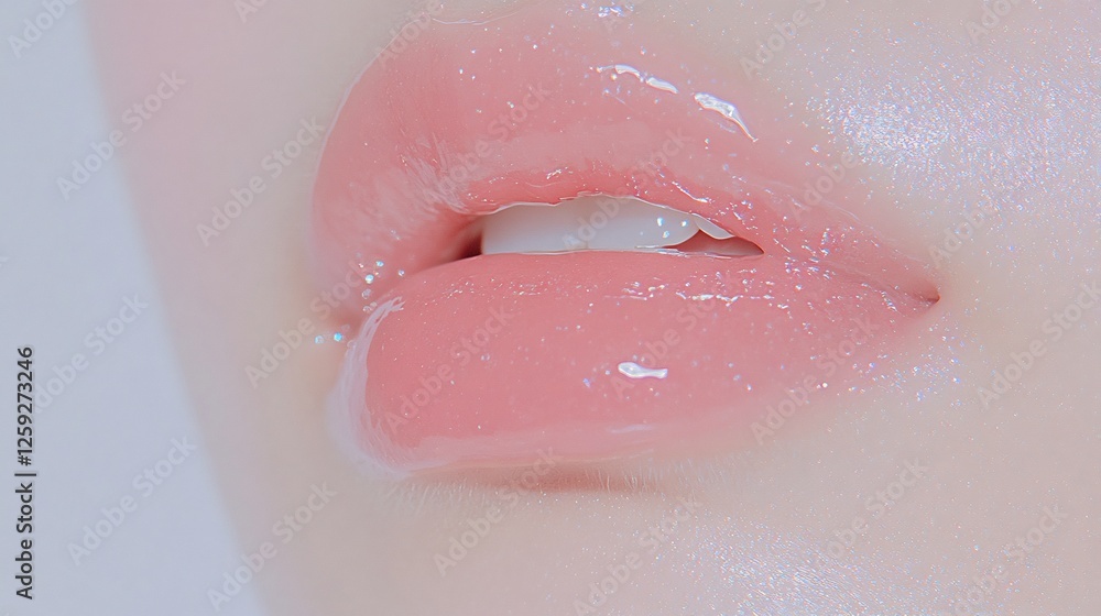 Fototapeta premium Close-up of Glossy Pink Lips, Beauty and Cosmetics