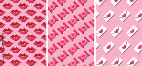 Seamless pattern Lips, Sweet candy and Love letters backgrounds.