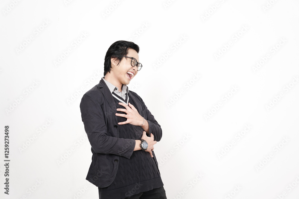 Hand on stomach and laugh out loud Of Handsome Asian Man Isolated On White Background Hand on stomach and laugh out loud Of Handsome Asian Man Isolated On White Background