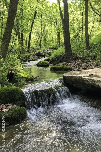 A tranquil forest stream flowing over moss-covered rocks