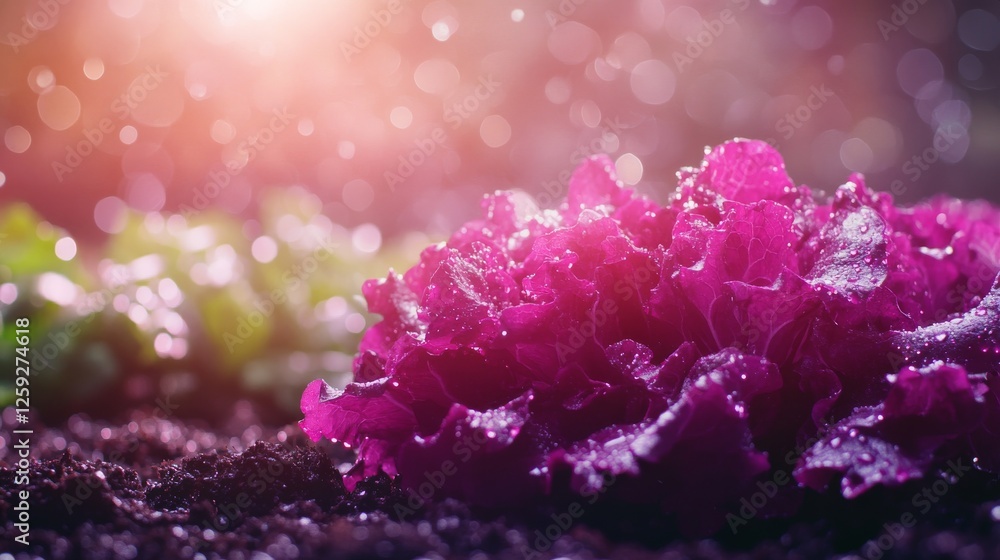 custom made wallpaper toronto digital15.A freshly harvested bush of magenta lettuce with rain droplets reflecting sunlight, surrounded by rich soil and soft background blur for emphasis.