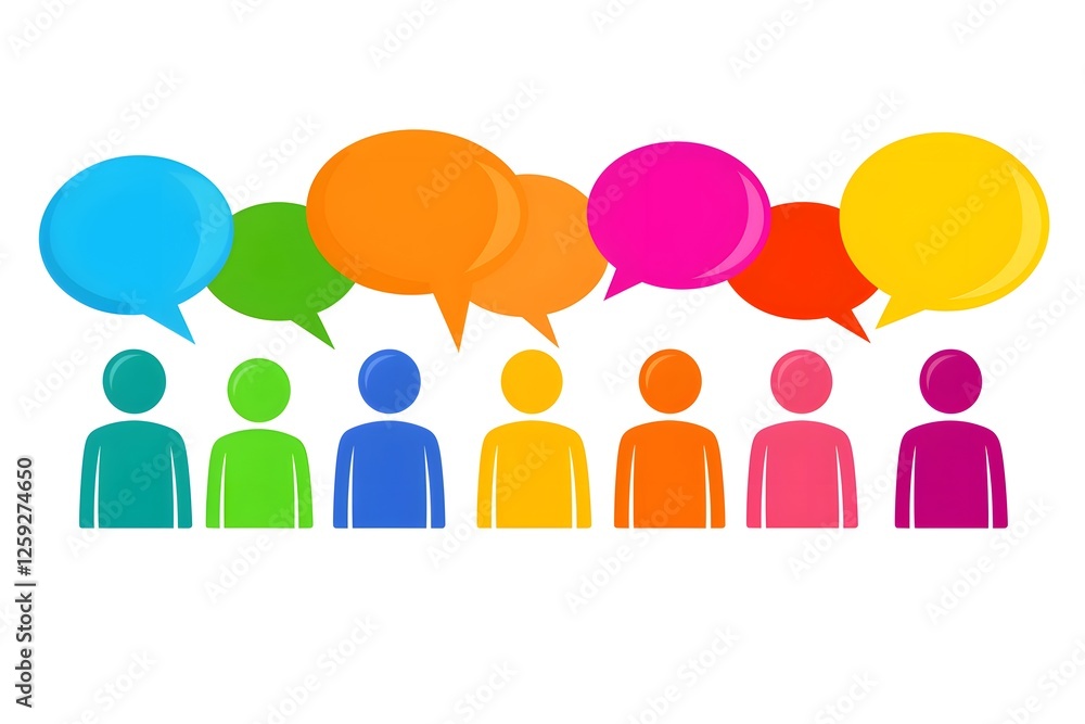 Rainbow of Voices: A vibrant illustration showcasing a diverse group of individuals, each represented by a uniquely colored figure, with colorful speech bubbles above them, symbolizing communication. Rainbow of Voices: A vibrant illustration showcasing a diverse group of individuals, each represented by a uniquely colored figure, with colorful speech bubbles above them, symbolizing communication.