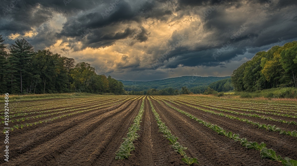 81.Rows of freshly planted lettuce in a wide-open field under an ominous sky, the approaching rain creating a contrast between the vivid green and the gray clouds. 81.Rows of freshly planted lettuce in a wide-open field under an ominous sky, the approaching rain creating a contrast between the vivid green and the gray clouds.